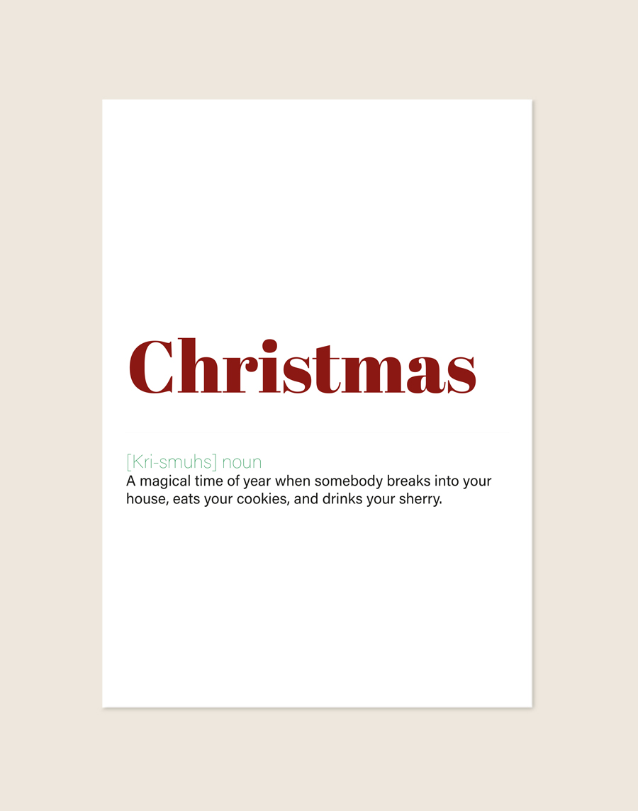 Witte kerstposter met een grappige woordenboekdefinitie van het woord Christmas in donkerrode, lichtgroene en zwarte letters.