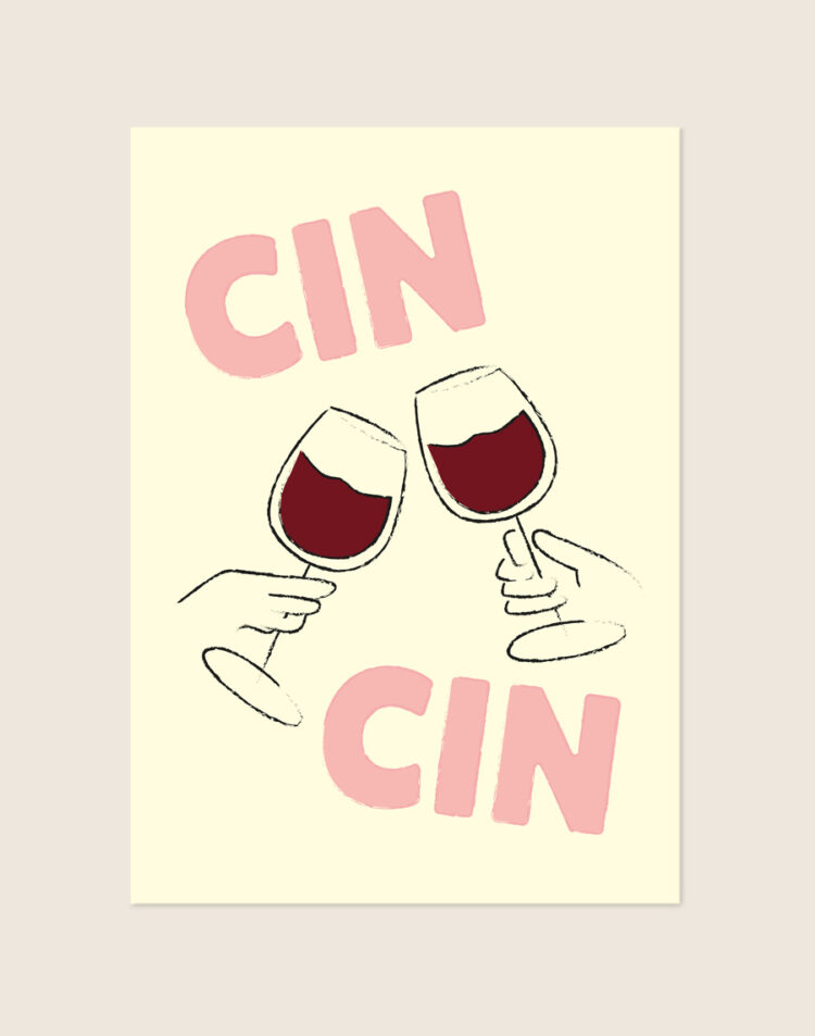 Trendy poster met de tekst Cin Cin in een vrolijk geel ontwerp, sfeervol opgehangen boven een barcart in een lichte, moderne keuken.