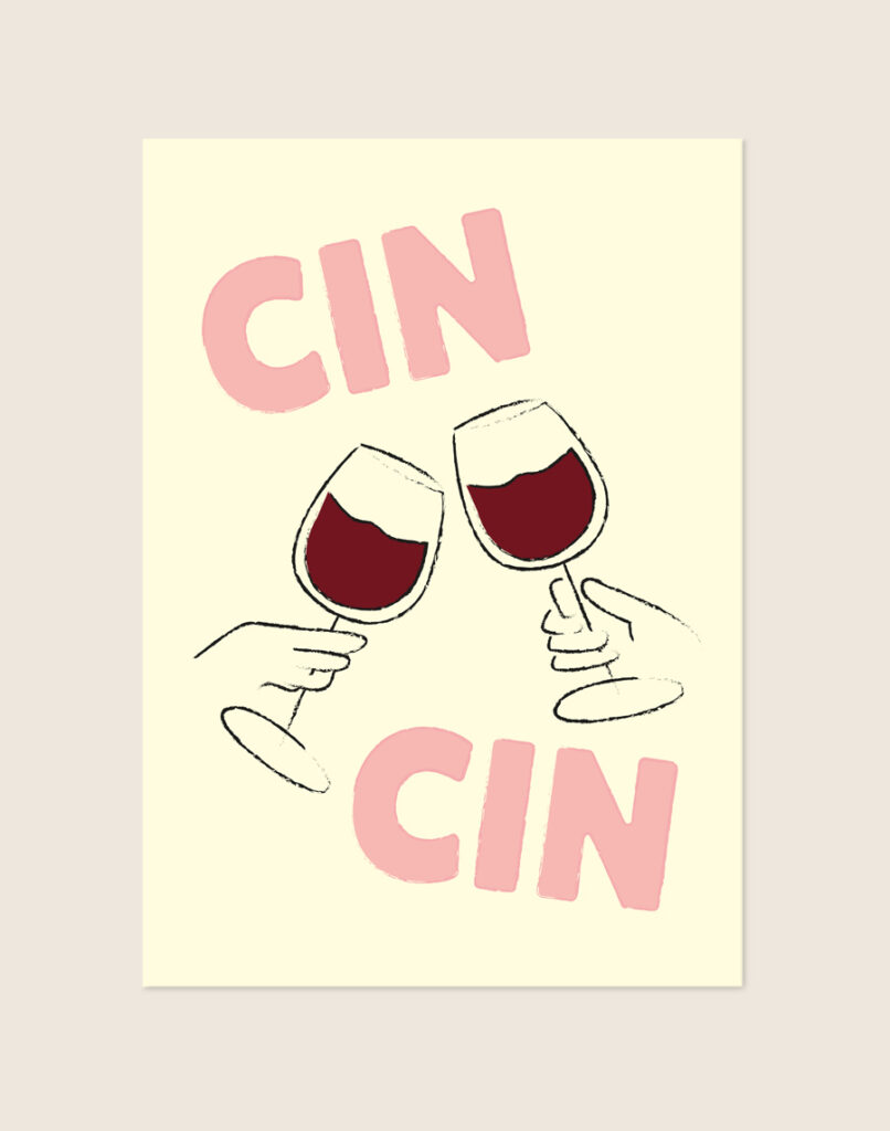 Trendy poster met de tekst Cin Cin in een vrolijk geel ontwerp, sfeervol opgehangen boven een barcart in een lichte, moderne keuken.