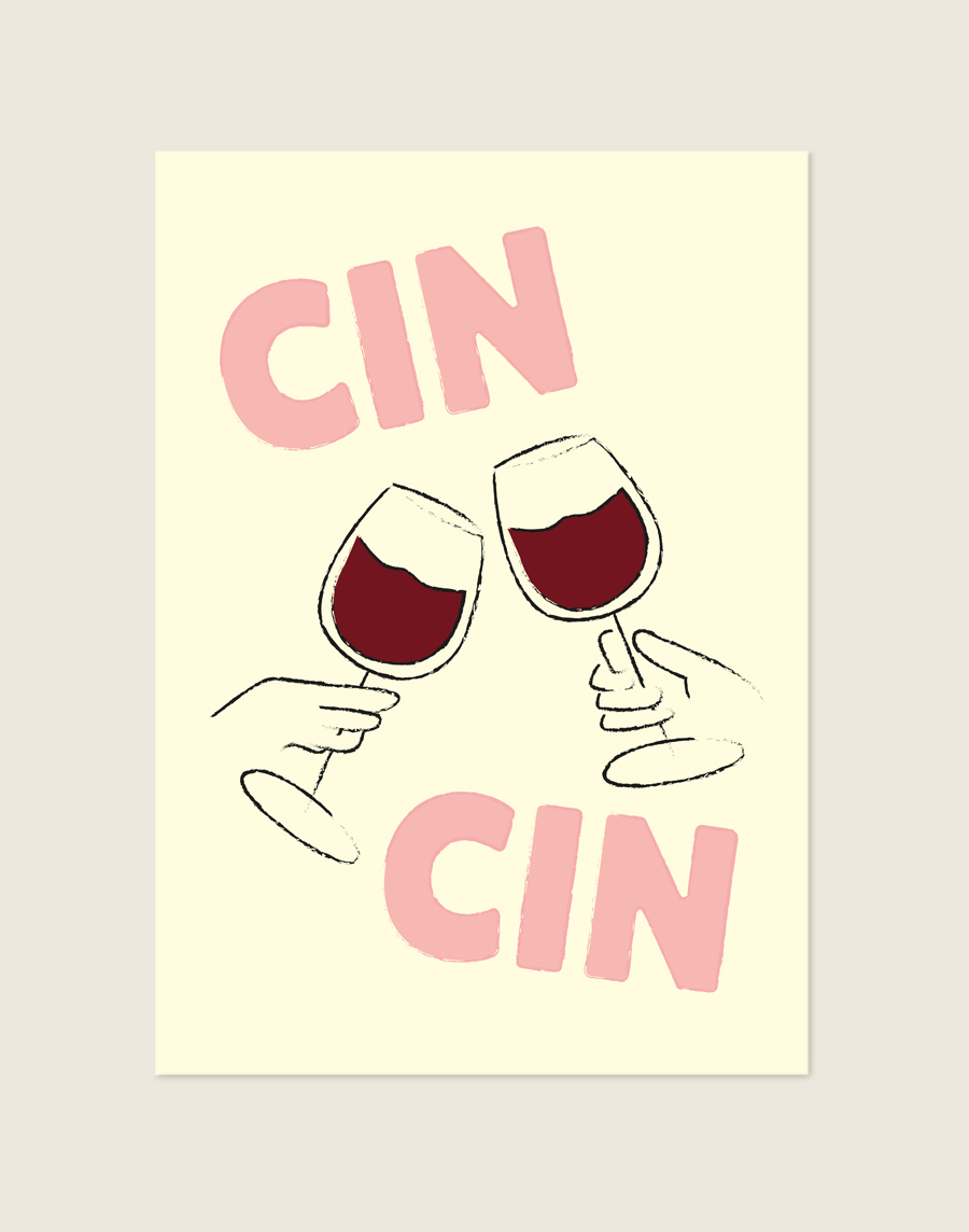Trendy poster met de tekst Cin Cin in een vrolijk geel ontwerp, sfeervol opgehangen boven een barcart in een lichte, moderne keuken.