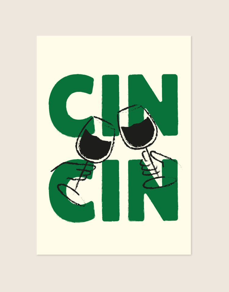 Stijlvolle poster met de tekst Cin Cin in een elegante groene uitvoering, sfeervol opgehangen boven een barcart in een moderne eethoek.