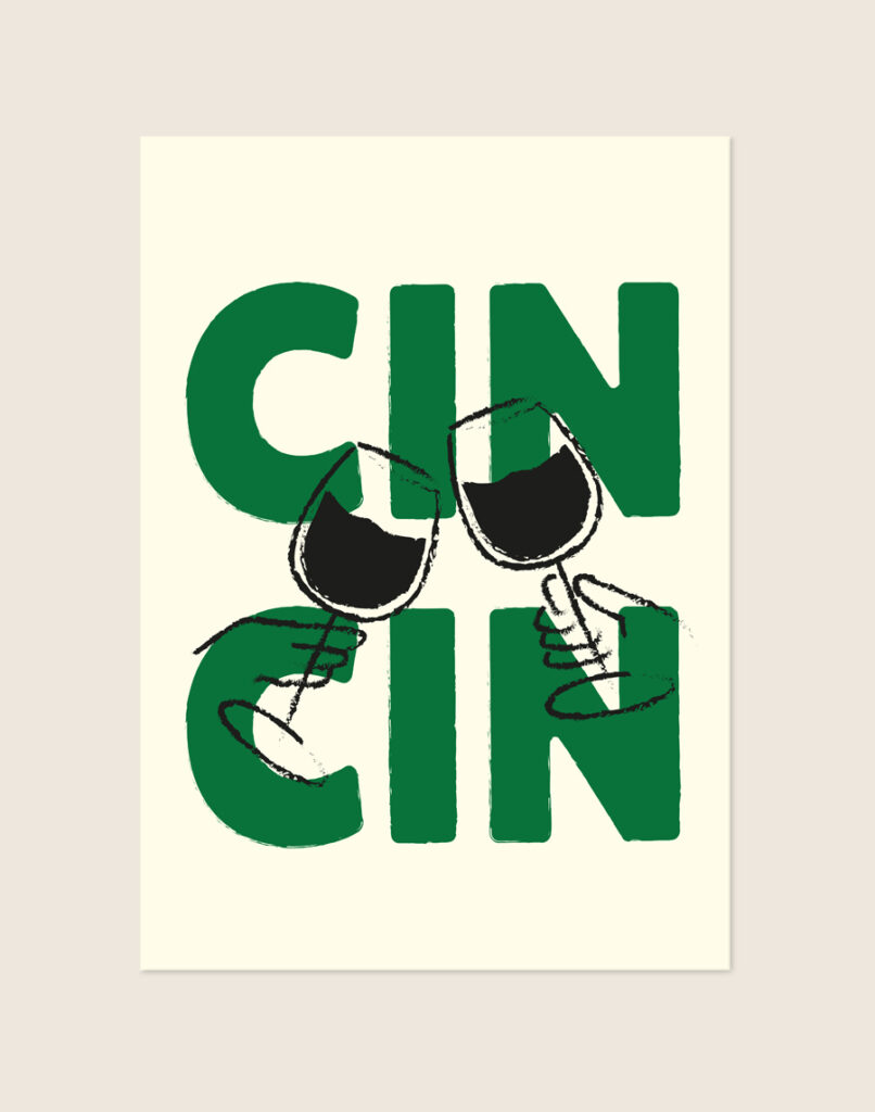 Stijlvolle poster met de tekst Cin Cin in een elegante groene uitvoering, sfeervol opgehangen boven een barcart in een moderne eethoek.