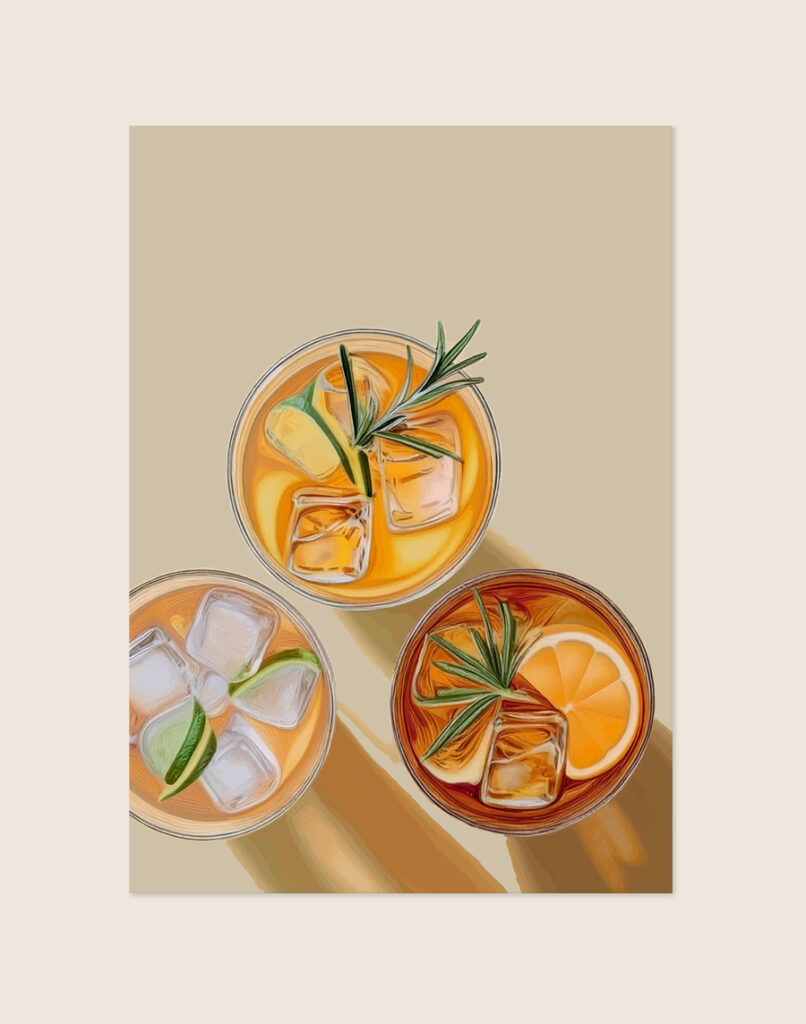 Trendy typografische poster met de tekst Cocktails Please, sfeervol opgehangen boven een stijlvolle barcart met cocktailglazen in een moderne woonkamer.