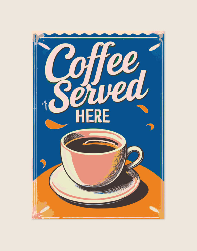 Stijlvolle typografische poster met de tekst Coffee Served, opgehangen aan de muur boven een koffiehoek in een moderne keuken.