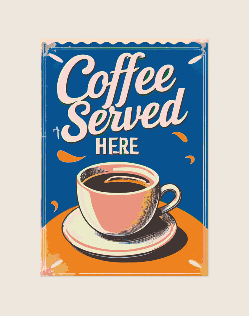 Stijlvolle typografische poster met de tekst Coffee Served, opgehangen aan de muur boven een koffiehoek in een moderne keuken.