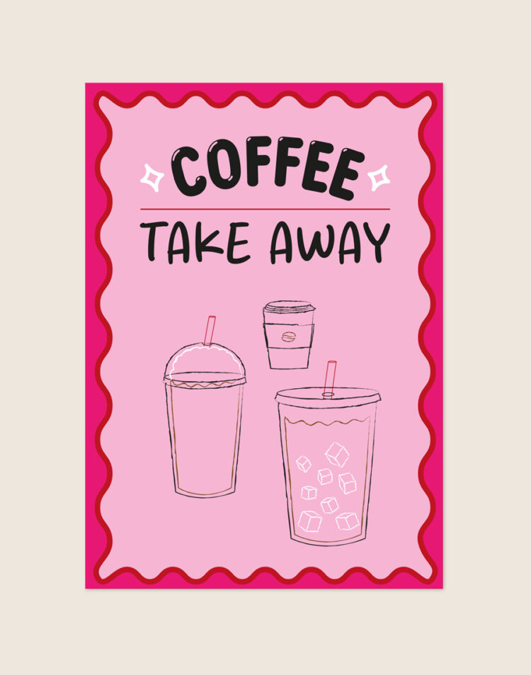 Trendy poster van een iconische coffee take away beker, sfeervol opgehangen boven een moderne koffiehoek in een strakke keuken.