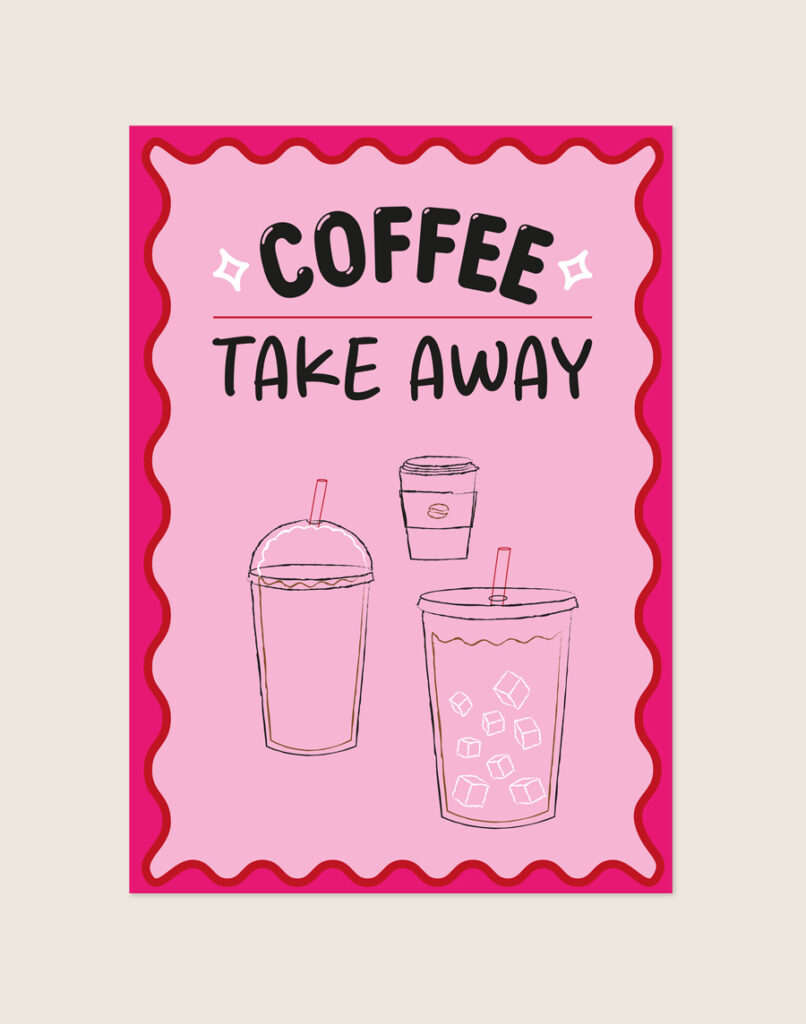 Trendy poster van een iconische coffee take away beker, sfeervol opgehangen boven een moderne koffiehoek in een strakke keuken.
