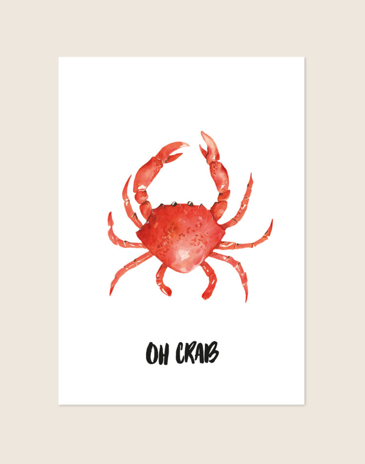 Stijlvolle artistieke poster met een illustratie van een krab (Crab), sfeervol opgehangen aan de muur in een moderne keuken.