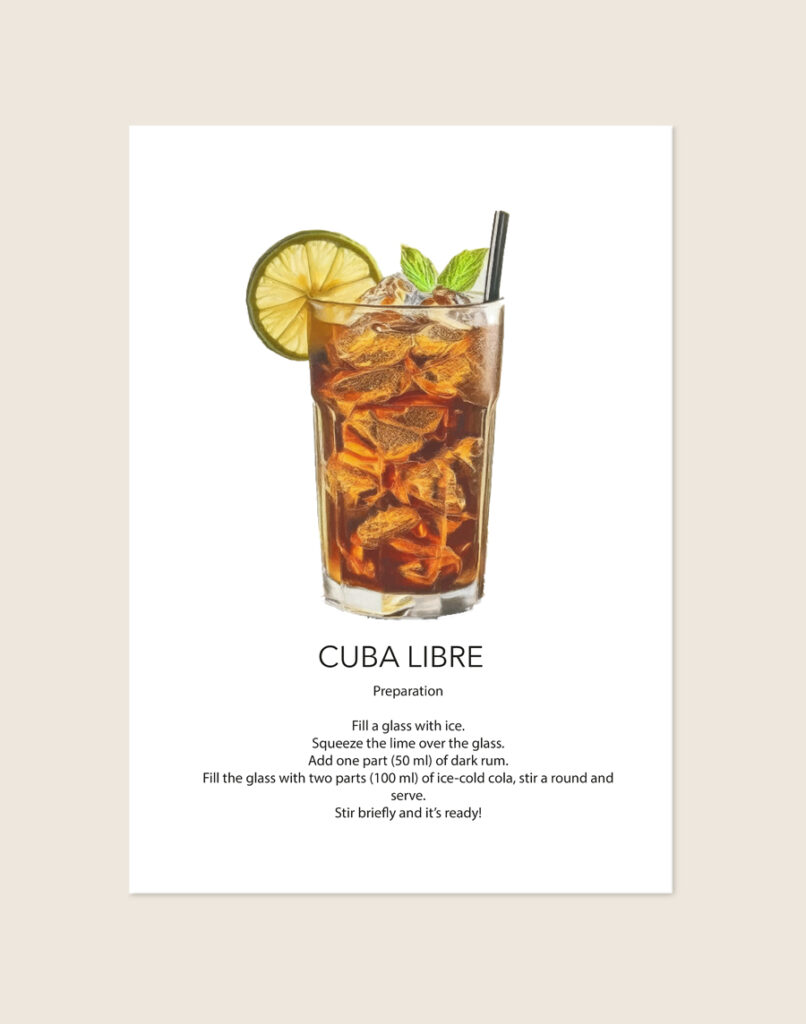 Stijlvolle typografische poster geïnspireerd op de klassieke Cuba Libre cocktail, sfeervol opgehangen boven een barcart in een moderne woonkamer.