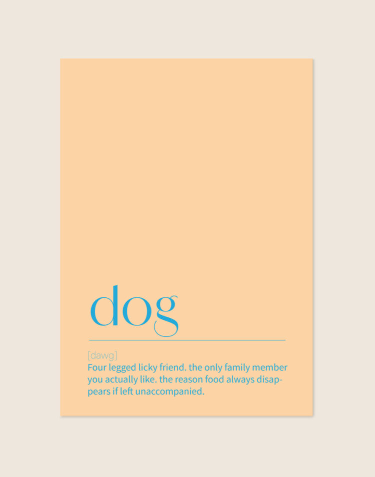 Een minimalistische en grafische poster met de tekst 'dog', fonetische spelling en een humoristische woordenboekdefinitie op een perzikkleurige achtergrond met lichtblauwe letters, sfeervol opgehangen in een modern interieur.
