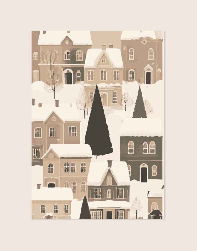 Sfeervolle winterposter met een grafische illustratie van een besneeuwd dorpje met huisjes en dennenbomen in warme beige en bruine aardetinten.
