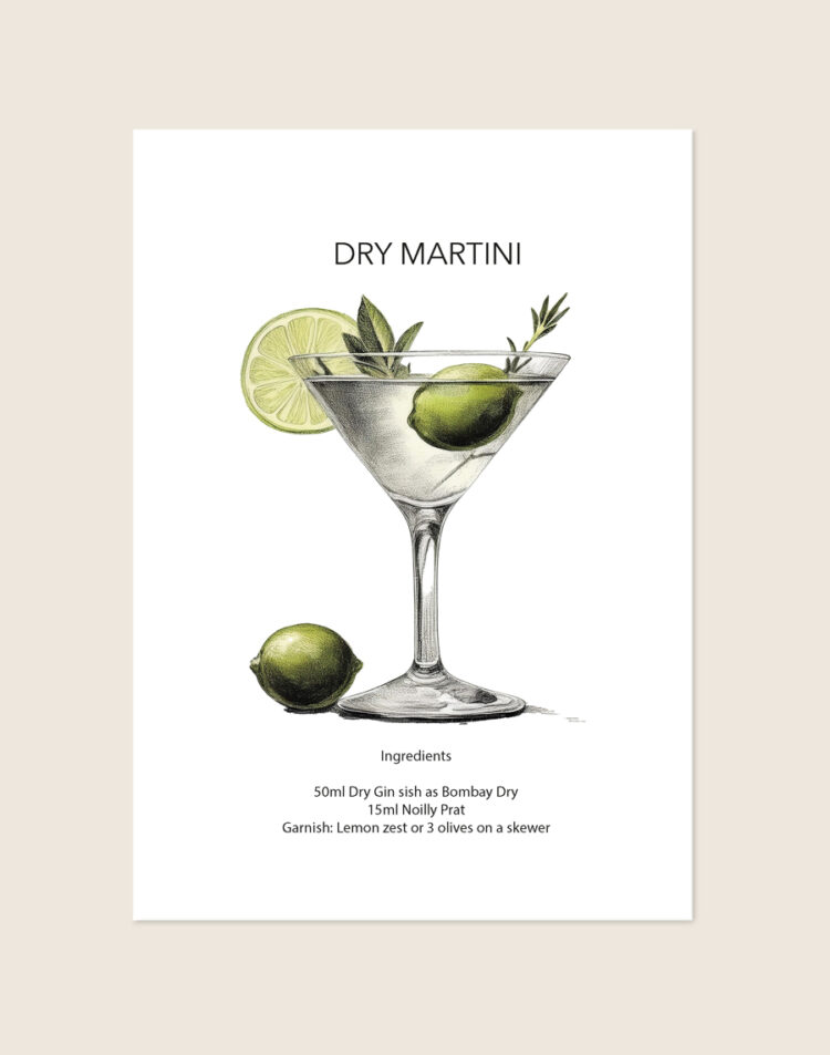 Stijlvolle poster geïnspireerd op een klassieke Dry Martini, sfeervol opgehangen boven een luxe barcart in een moderne woonkamer.