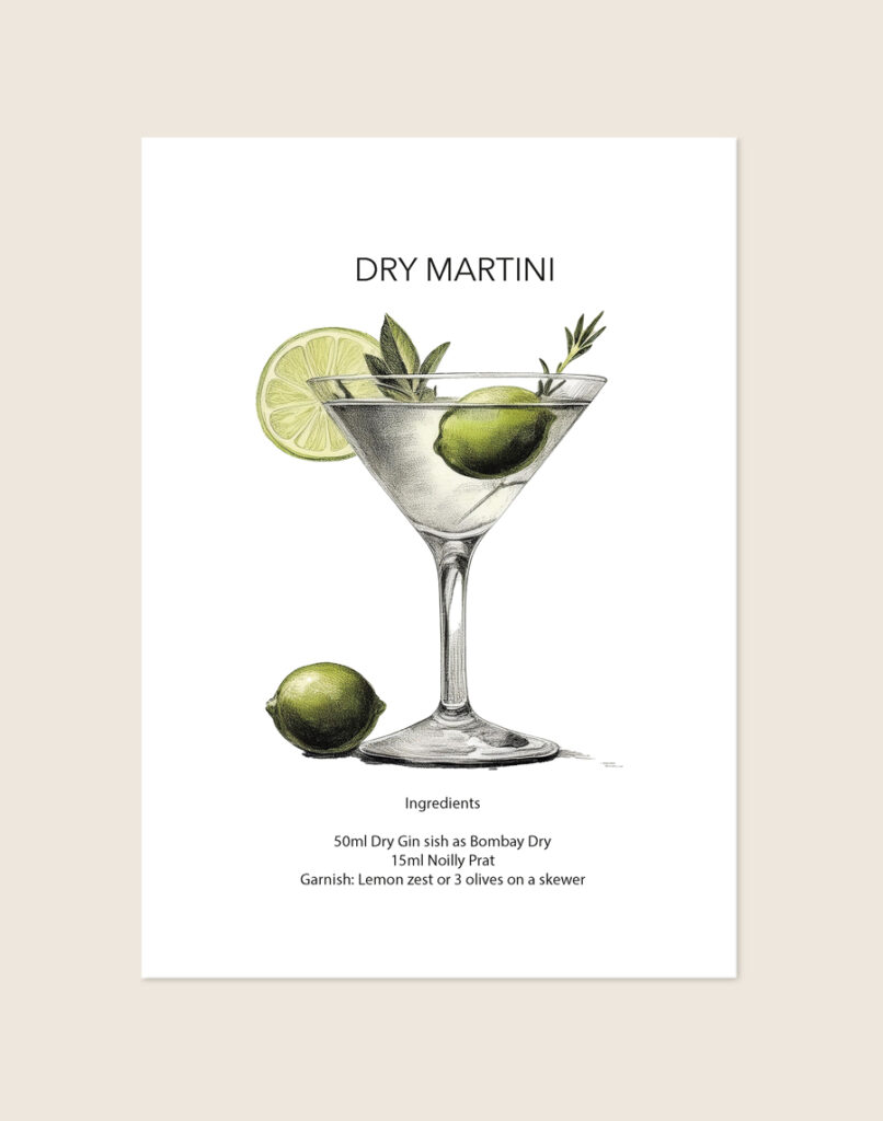 Stijlvolle poster geïnspireerd op een klassieke Dry Martini, sfeervol opgehangen boven een luxe barcart in een moderne woonkamer.