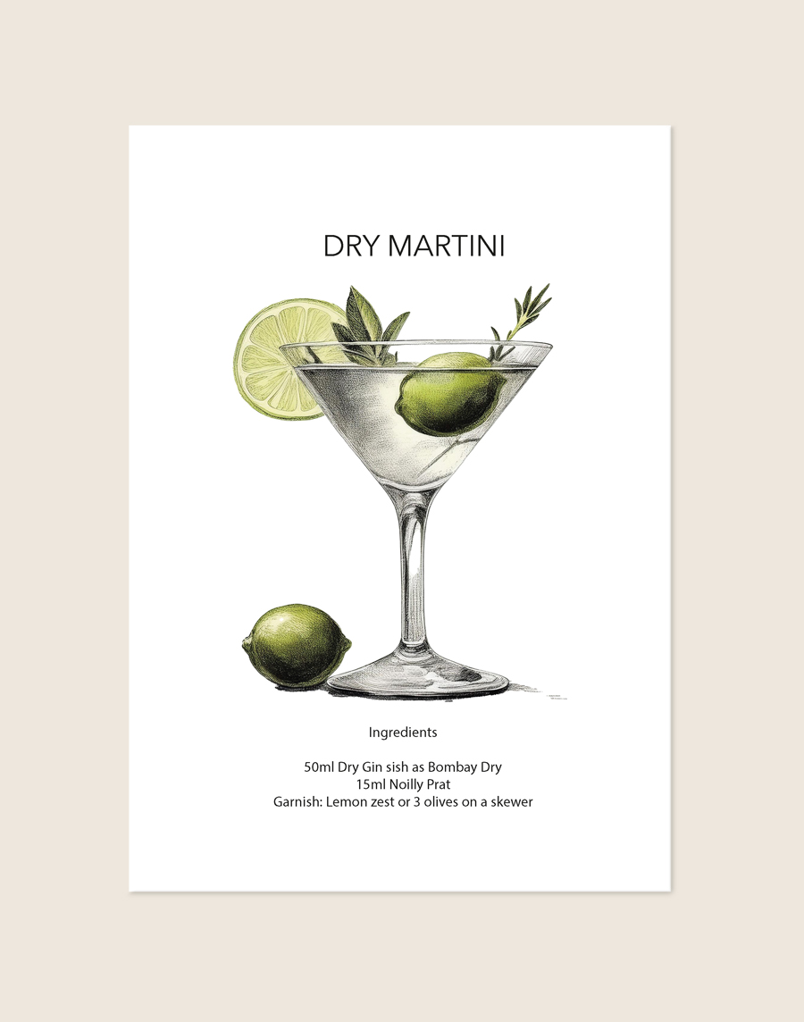 Stijlvolle poster geïnspireerd op een klassieke Dry Martini, sfeervol opgehangen boven een luxe barcart in een moderne woonkamer.