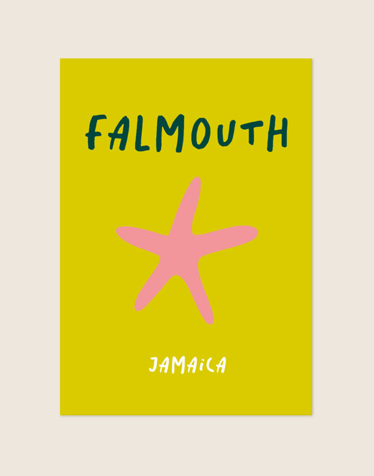 Grafische poster met een abstracte roze zeester op een geelgroene achtergrond, voorzien van de handgeschreven tekst Falmouth in het donkergroen en Jamaica in het wit.