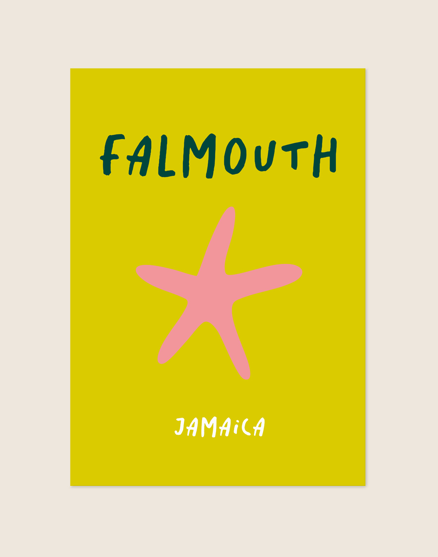 Grafische poster met een abstracte roze zeester op een geelgroene achtergrond, voorzien van de handgeschreven tekst Falmouth in het donkergroen en Jamaica in het wit.