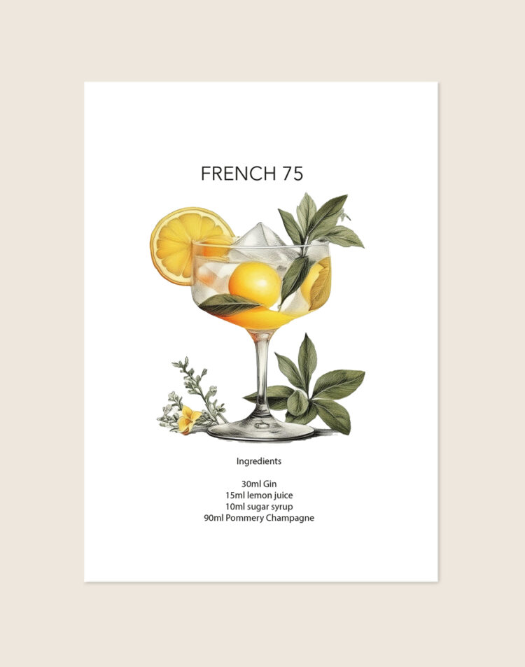 Stijlvolle typografische poster geïnspireerd op de klassieke French 75 cocktail, sfeervol opgehangen boven een gouden barcart in een moderne eetkamer.