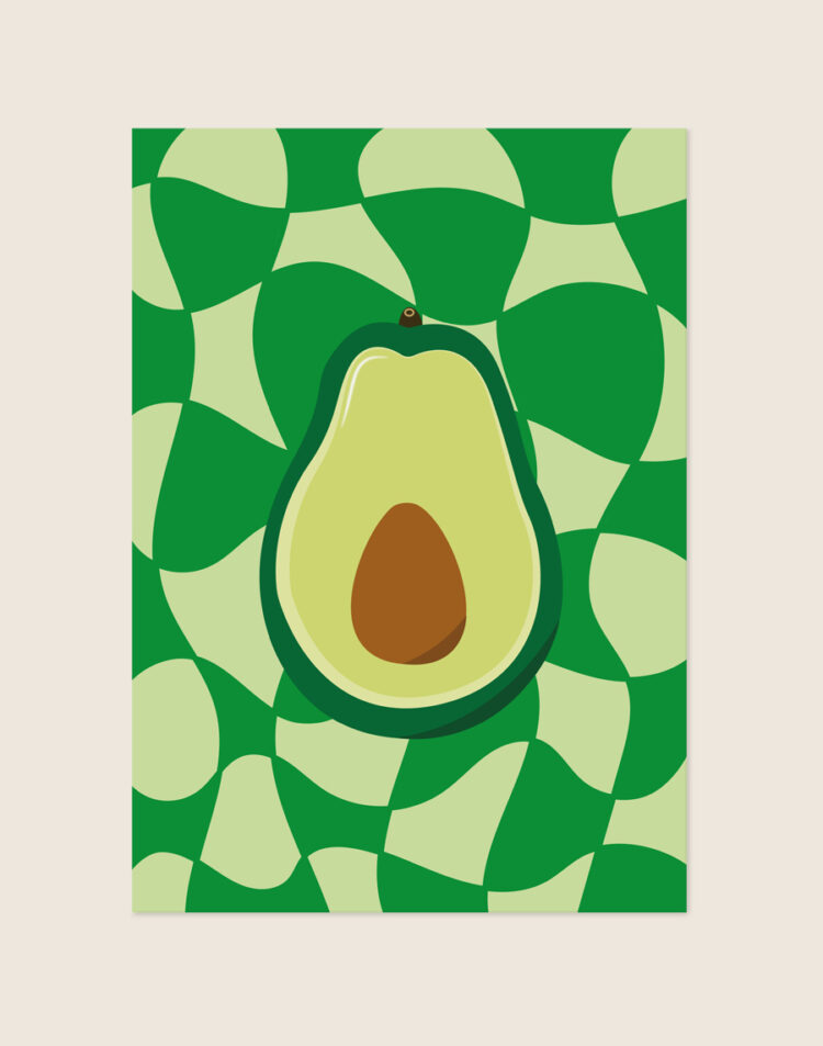 Artistieke poster van een doorgesneden avocado in zachte groentinten, sfeervol opgehangen boven de eettafel in een Japandi of modern interieur.