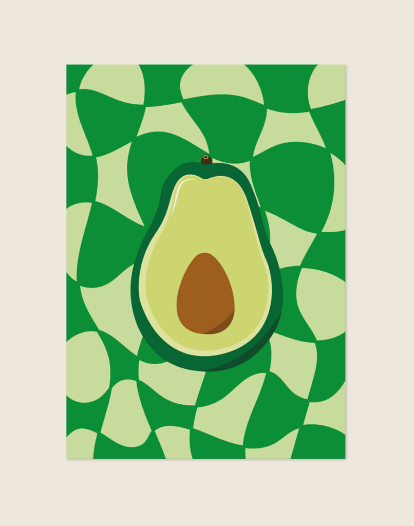 Artistieke poster van een doorgesneden avocado in zachte groentinten, sfeervol opgehangen boven de eettafel in een Japandi of modern interieur.