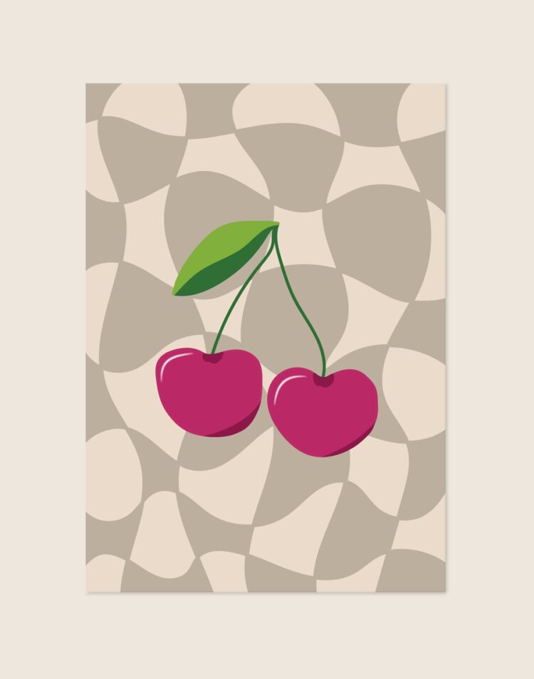 Artistieke poster van dieprode kersen met sierlijke stelen, sfeervol opgehangen boven de eettafel in een modern en chic interieur.