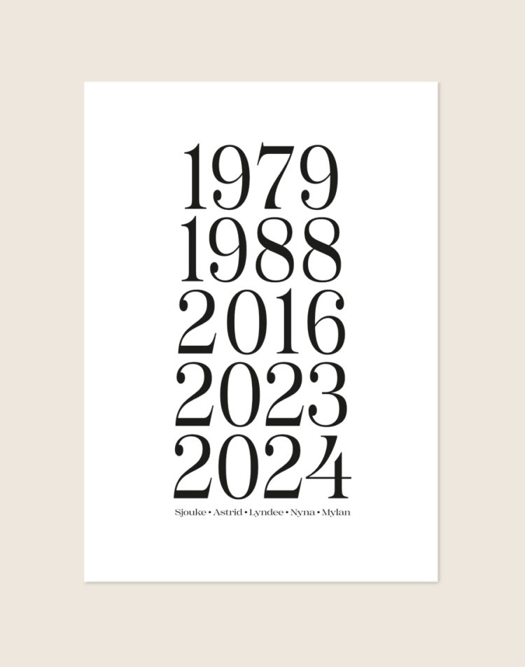Een strakke, minimalistische poster met een helderwitte achtergrond. Centraal staan vijf geboortejaren (1979, 1988, 2016, 2023, 2024) groot en verticaal onder elkaar weergegeven in een elegant, zwart serif lettertype. Onderaan de poster staan vijf namen op één regel, subtiel gescheiden door kleine stipjes in een passend, verfijnd lettertype.