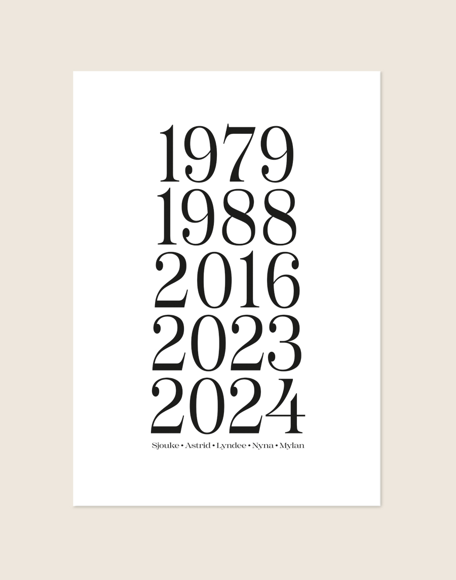 Een strakke, minimalistische poster met een helderwitte achtergrond. Centraal staan vijf geboortejaren (1979, 1988, 2016, 2023, 2024) groot en verticaal onder elkaar weergegeven in een elegant, zwart serif lettertype. Onderaan de poster staan vijf namen op één regel, subtiel gescheiden door kleine stipjes in een passend, verfijnd lettertype.