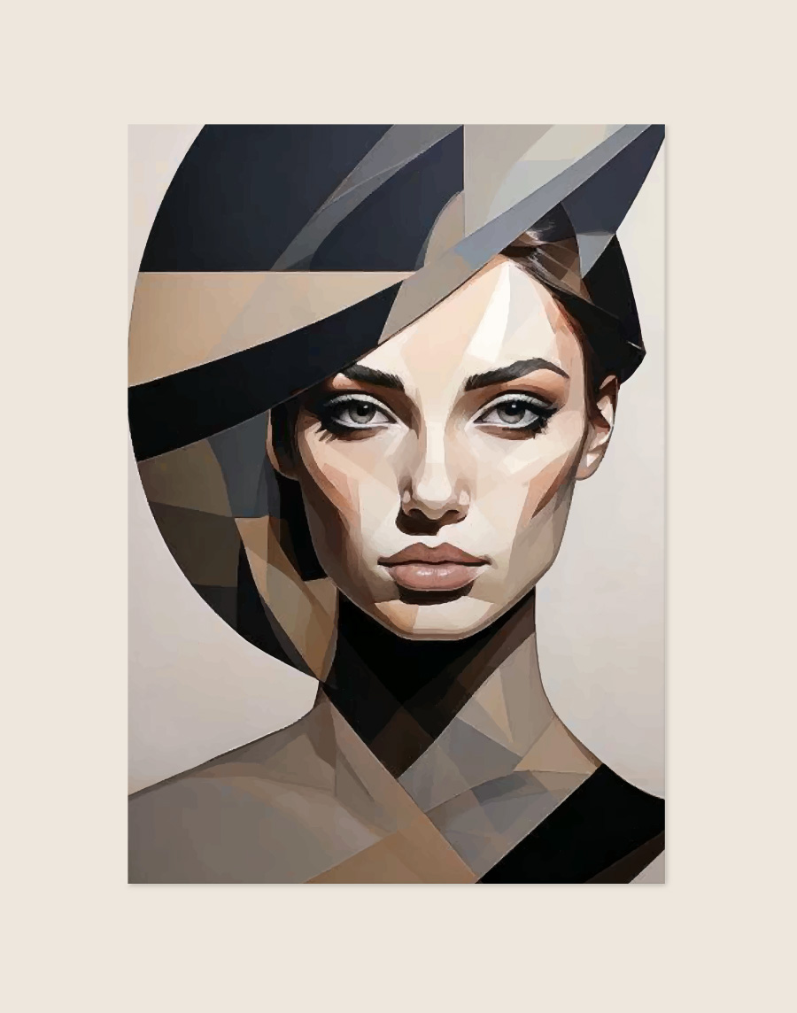Een artistiek portret van een vrouw met een doordringende blik, opgebouwd uit scherpe, geometrische vlakken en vormen. Het kleurenpalet bestaat uit neutrale tinten zoals zwart, donkergrijs, beige en bruin.