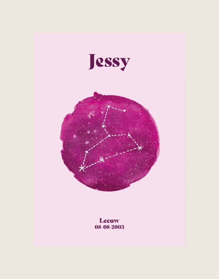 Een gepersonaliseerde poster met een zachtroze achtergrond en een ronde fuchsia roze aquarel vlek in het midden. In de cirkel staat het sterrenbeeld Maagd met witte lijnen geïllustreerd. Bovenaan staat de naam 'Mandy' en onderaan 'Maagd 16-09-2026'.