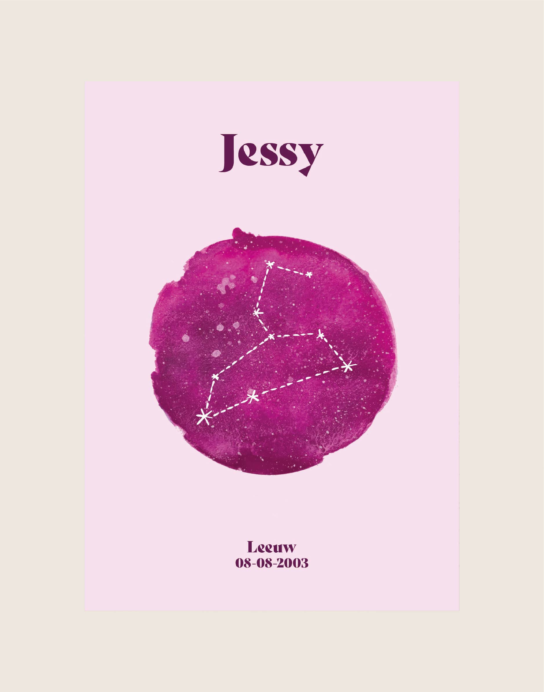 Een gepersonaliseerde poster met een zachtroze achtergrond en een ronde fuchsia roze aquarel vlek in het midden. In de cirkel staat het sterrenbeeld Maagd met witte lijnen geïllustreerd. Bovenaan staat de naam 'Mandy' en onderaan 'Maagd 16-09-2026'.