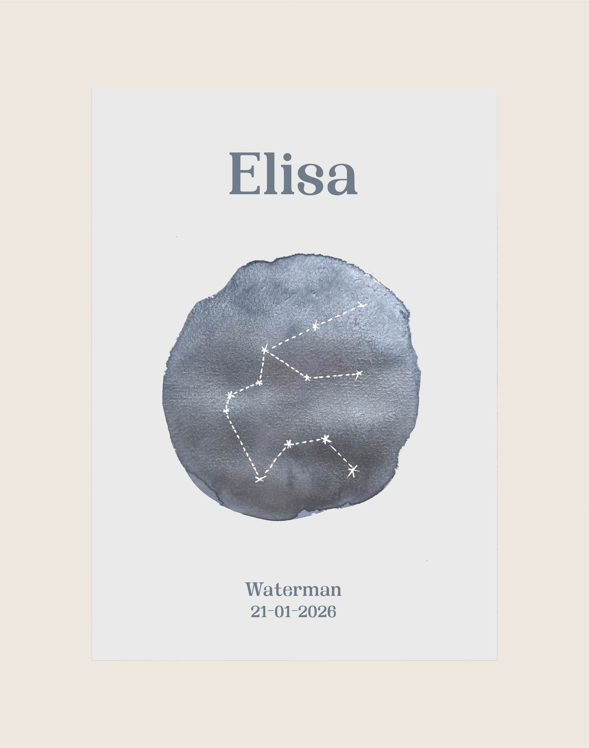 Een gepersonaliseerde poster met een lichtgrijze achtergrond en een ronde zilveren aquarel vlek in het midden. In de cirkel staat het sterrenbeeld Waterman met witte lijnen geïllustreerd. Bovenaan staat de naam 'Elisa' en onderaan 'Waterman 21-01-2026'.