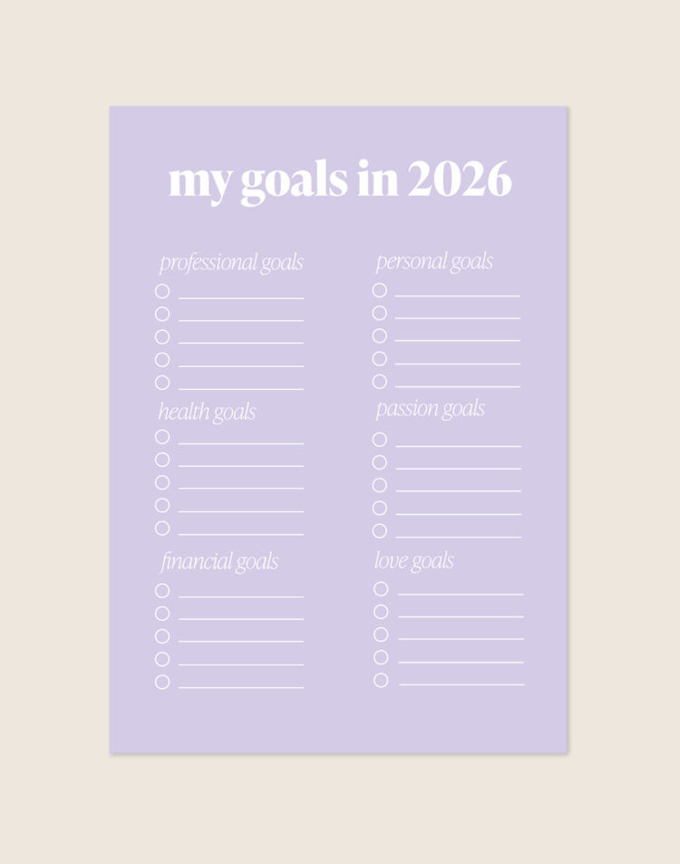 Een lila invulposter met bovenaan de tekst 'my goals in 2026' in witte letters. Daaronder staan zes categorieën, waaronder 'professional goals' en 'personal goals', elk voorzien van witte invullijntjes en lege afvinkrondjes. Afbeelding: Goals 2026.jpg.