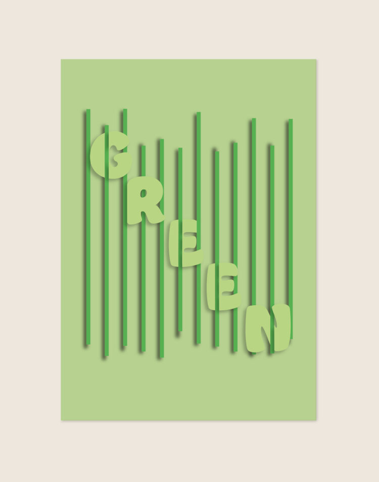 Grafische poster in groene tinten met het woord green in lichtgroene ronde letters geplaatst achter donkergroene strakke verticale lijnen, sfeervol opgehangen in een modern interieur.