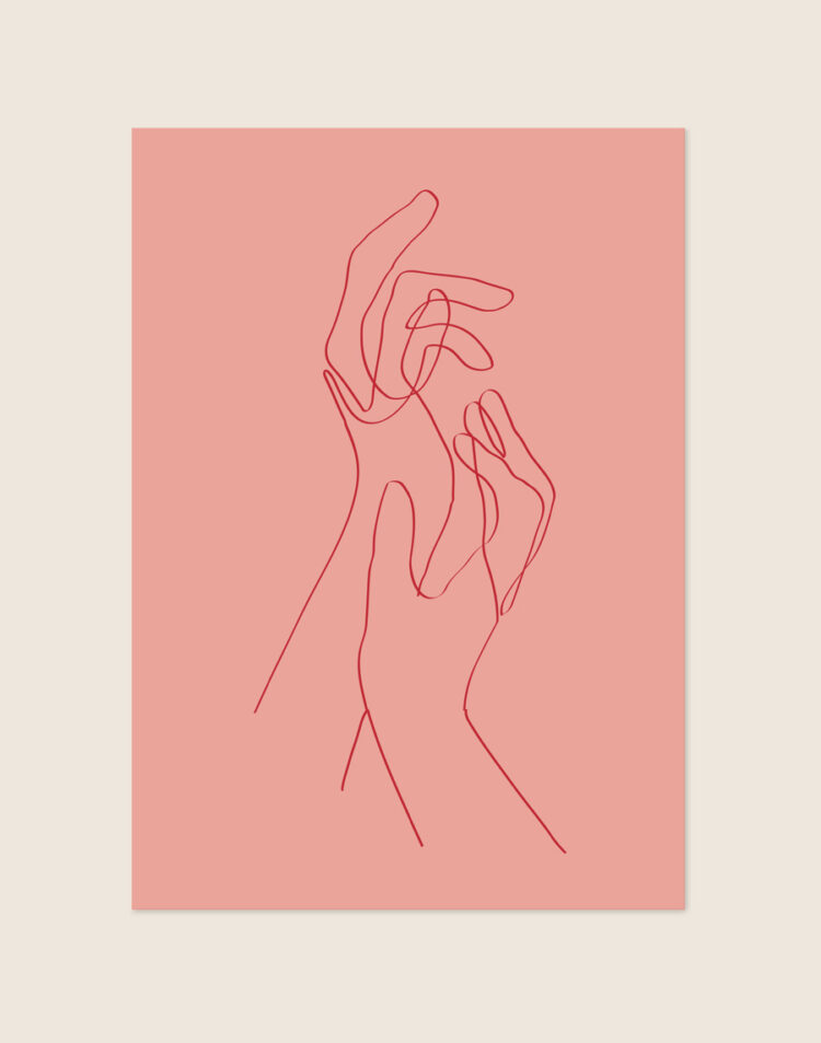 Minimalistische zalmroze poster met een rode line art tekening van twee sierlijk verstrengelde handen.