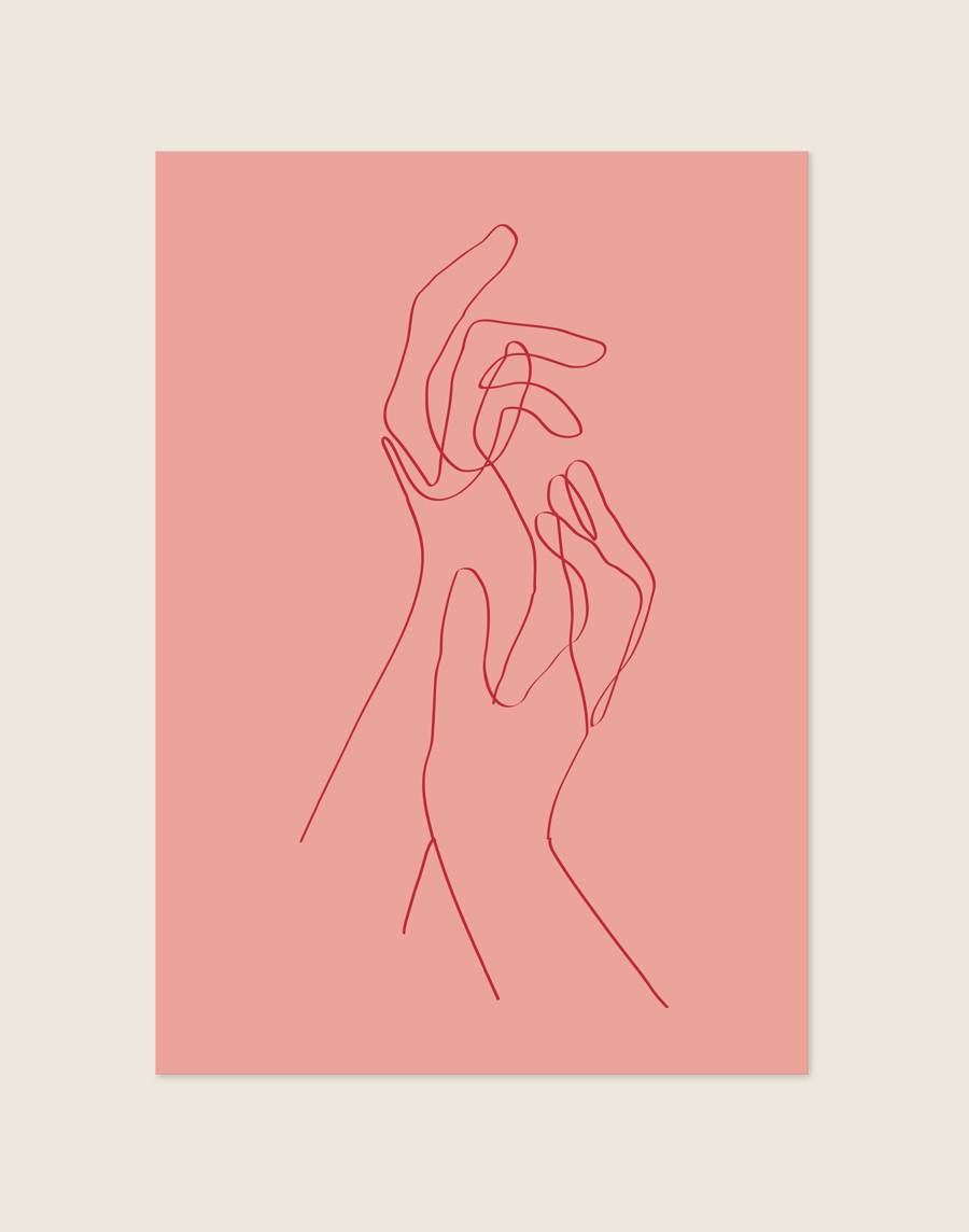 Minimalistische zalmroze poster met een rode line art tekening van twee sierlijk verstrengelde handen.