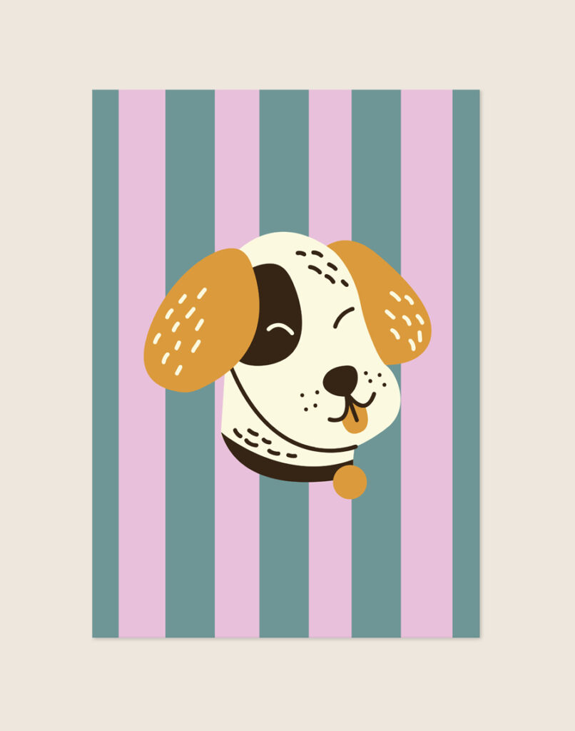 Een vrolijke, grafische kinderposter met een achtergrond van brede verticale strepen in pastelroze en vergrijsd blauw. In het midden staat een schattige illustratie van een lachende witte hond met een bruin-zwarte vlek, oranjebruine oren en zijn tong uit de bek.