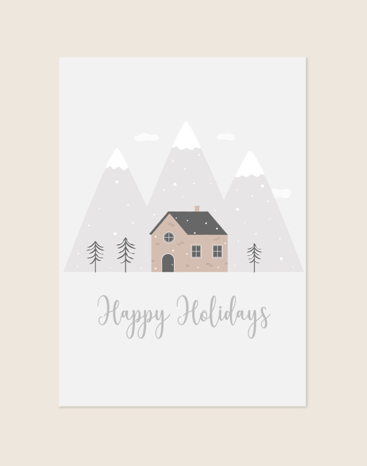 Lichte, minimalistische kerstposter met een illustratie van besneeuwde bergen, een knus huisje, dwarrelende sneeuwvlokken en de tekst Happy Holidays in een sierlijk lettertype.