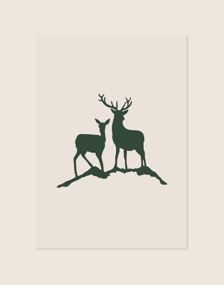 Lichte poster met een minimalistisch donkergroen silhouet van twee herten, staand op een heuveltje.