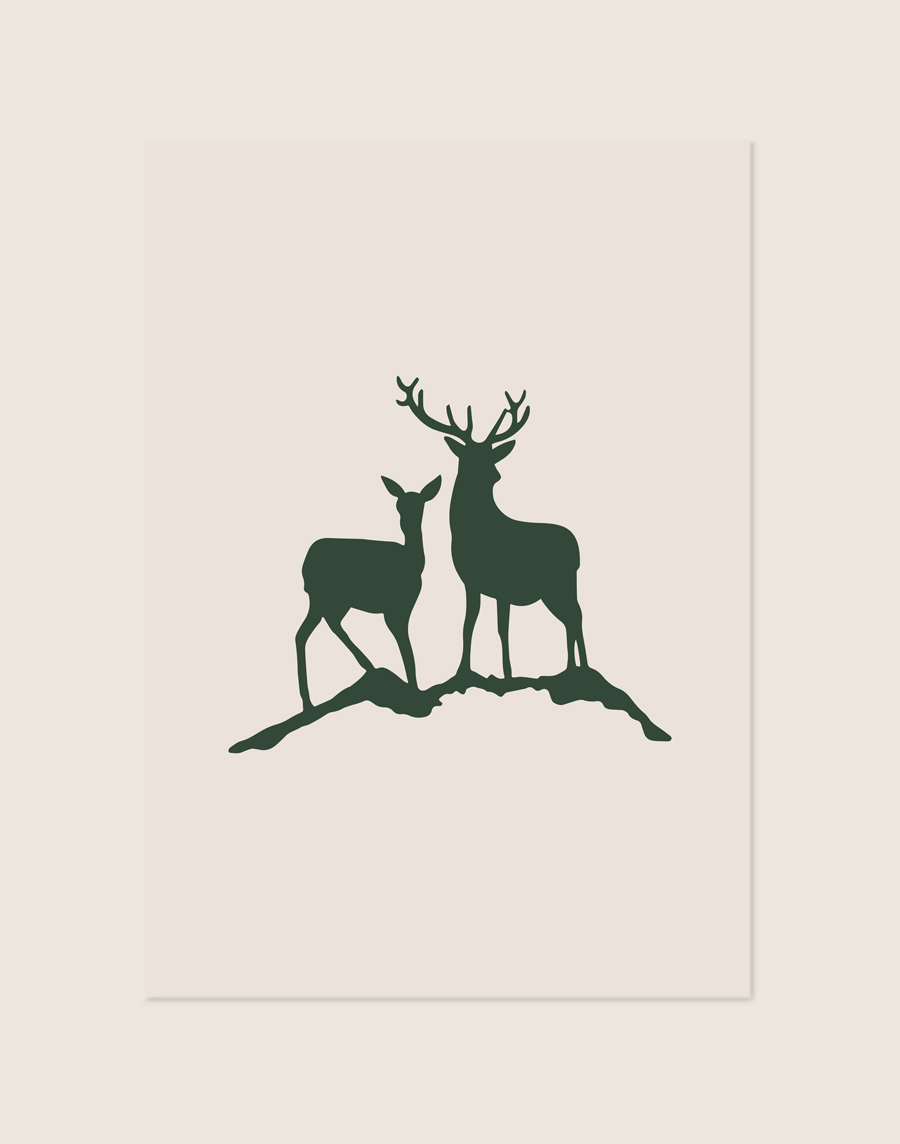 Lichte poster met een minimalistisch donkergroen silhouet van twee herten, staand op een heuveltje.