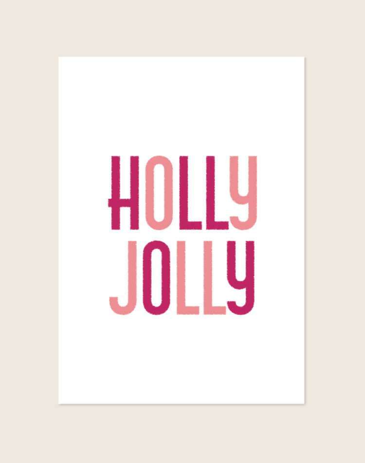 Witte kerstposter met de tekst HOLLY JOLLY in een modern lettertype, afwisselend in donkerroze en lichtroze kleuren.