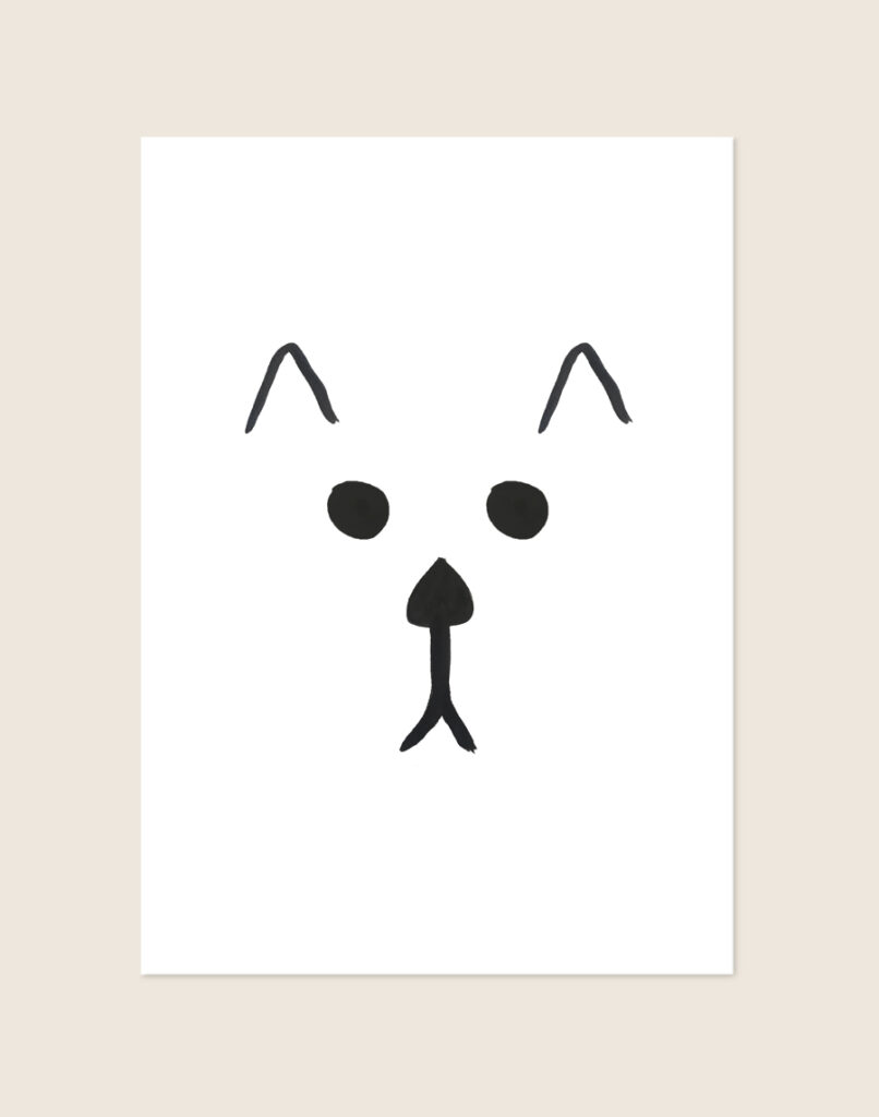 Minimalistische zwart-witte Poster Hond met een handgetekend hondensnuitje op een helderwitte achtergrond, sfeervol opgehangen in een ruimte.