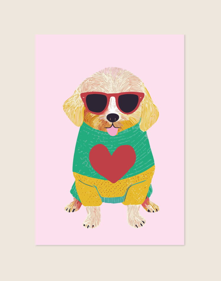 Een pastelroze poster met een schattige illustratie van een pluizige blonde hond met een uitgestoken tong, die een rode zonnebril en een groenblauwe trui met een groot rood hart draagt.