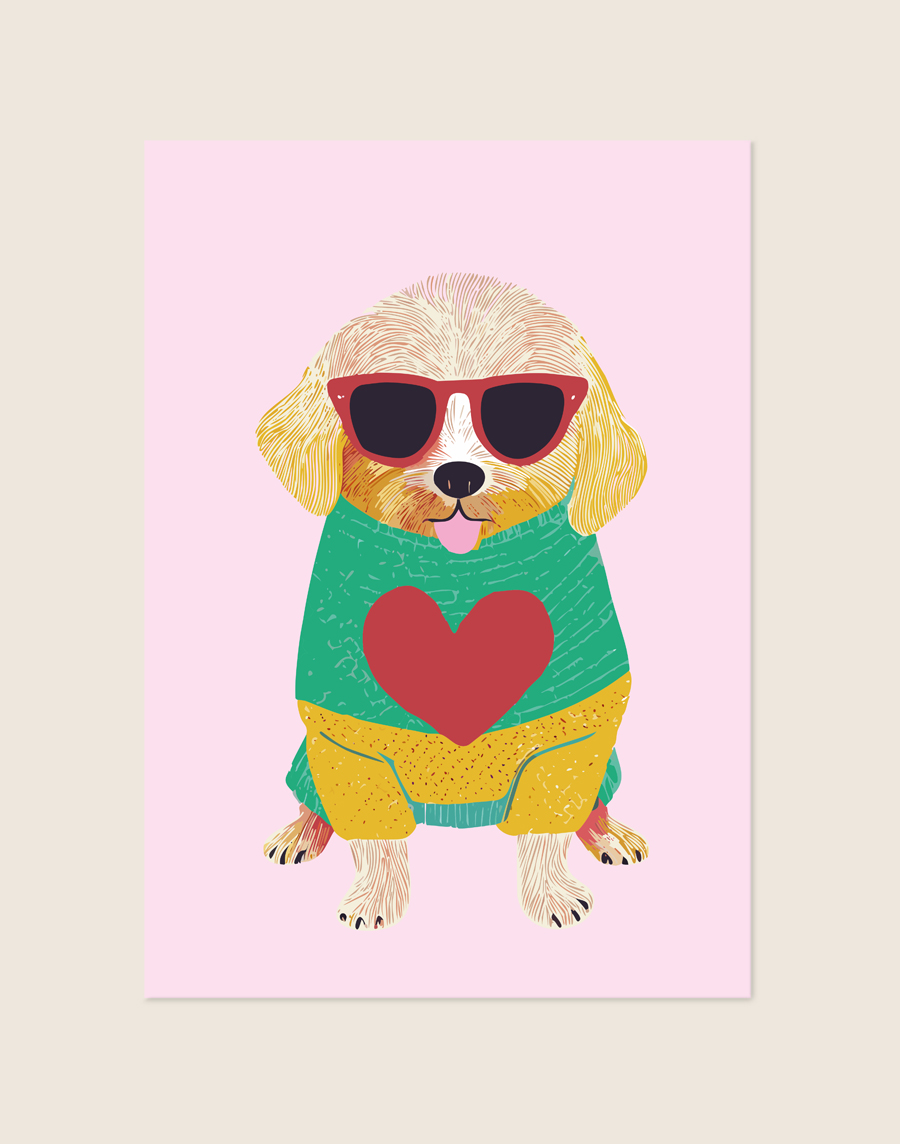 Een pastelroze poster met een schattige illustratie van een pluizige blonde hond met een uitgestoken tong, die een rode zonnebril en een groenblauwe trui met een groot rood hart draagt.