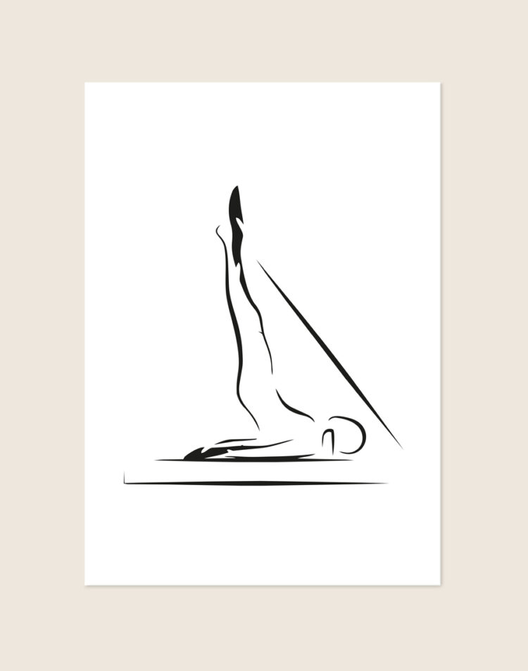 Een minimalistische zwart-wit poster met een abstracte, vloeiende line-art illustratie van een persoon die op de rug ligt met beide benen elegant in de lucht gestrekt.