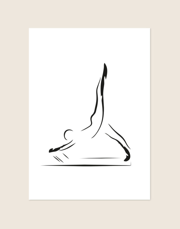 Een minimalistische zwart-wit poster met een abstracte, expressieve line-art illustratie van een persoon die een dynamische spagaat in de lucht uitvoert.