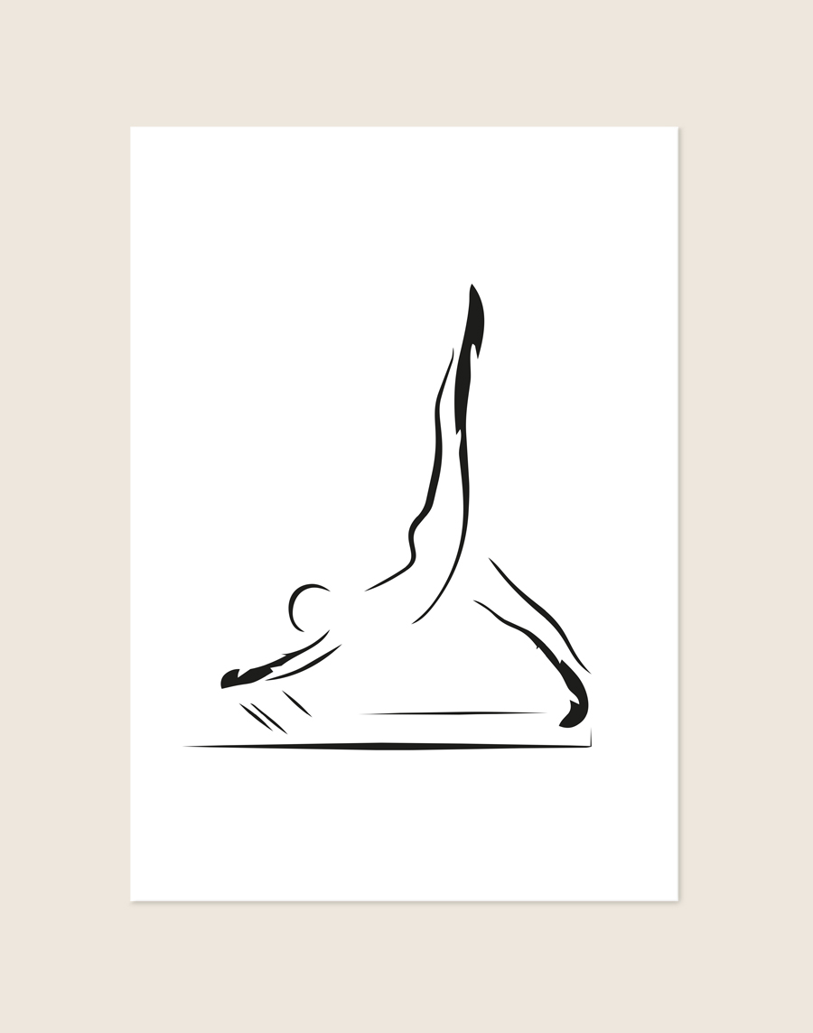 Een minimalistische zwart-wit poster met een abstracte, expressieve line-art illustratie van een persoon die een dynamische spagaat in de lucht uitvoert.