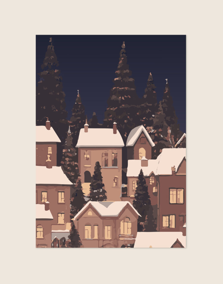 Sfeervolle winterposter met een illustratie van een besneeuwd dorp bij nacht, omringd door donkere dennenbomen en huizen met warm verlichte ramen.