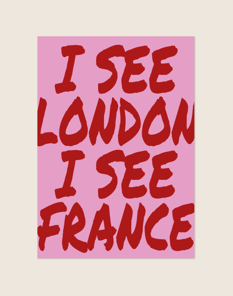Trendy roze typografische poster met rode penseelletters en de tekst I See London I See France, sfeervol opgehangen aan een neutrale muur in een modern toilet.