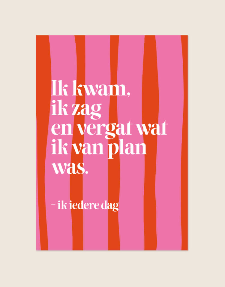 Opvallende poster met verticale oranjerode en roze strepen en de witte tekst 'Ik kwam, ik zag en vergat wat ik van plan was. - ik iedere dag'.