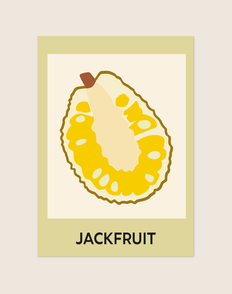 Stijlvolle artistieke poster met een afbeelding van een jackfruit, sfeervol opgehangen aan een neutrale muur in een moderne keuken.