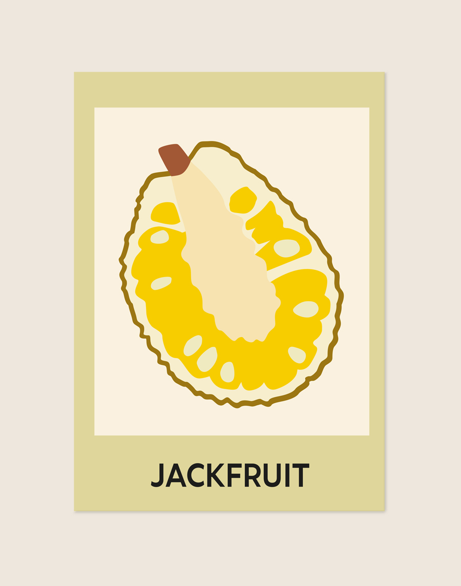 Stijlvolle artistieke poster met een afbeelding van een jackfruit, sfeervol opgehangen aan een neutrale muur in een moderne keuken.